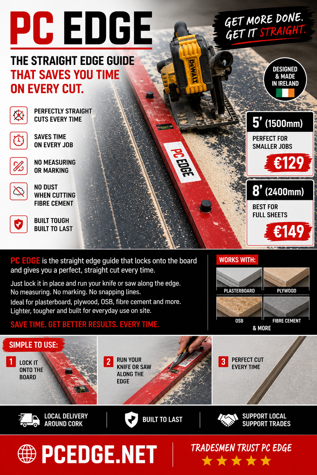 PC Edge product flyer — the straight edge guide that saves you time on every cut