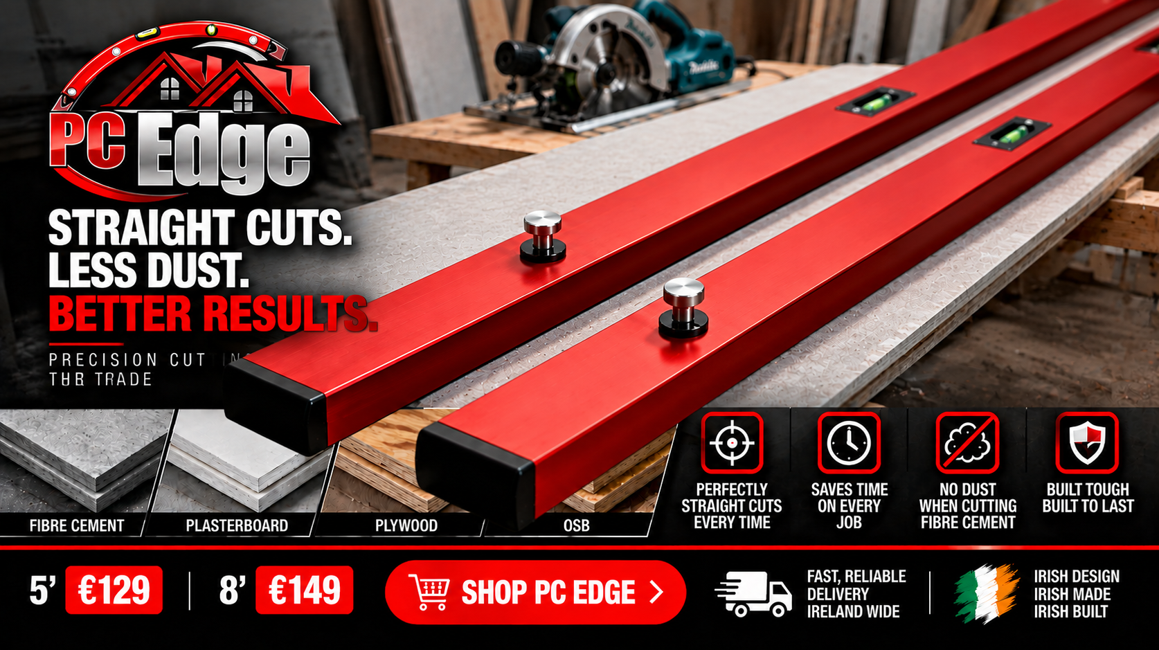 Two red PC Edge cutting guides shown in the 5 Foot and 8 Foot bundle flyer