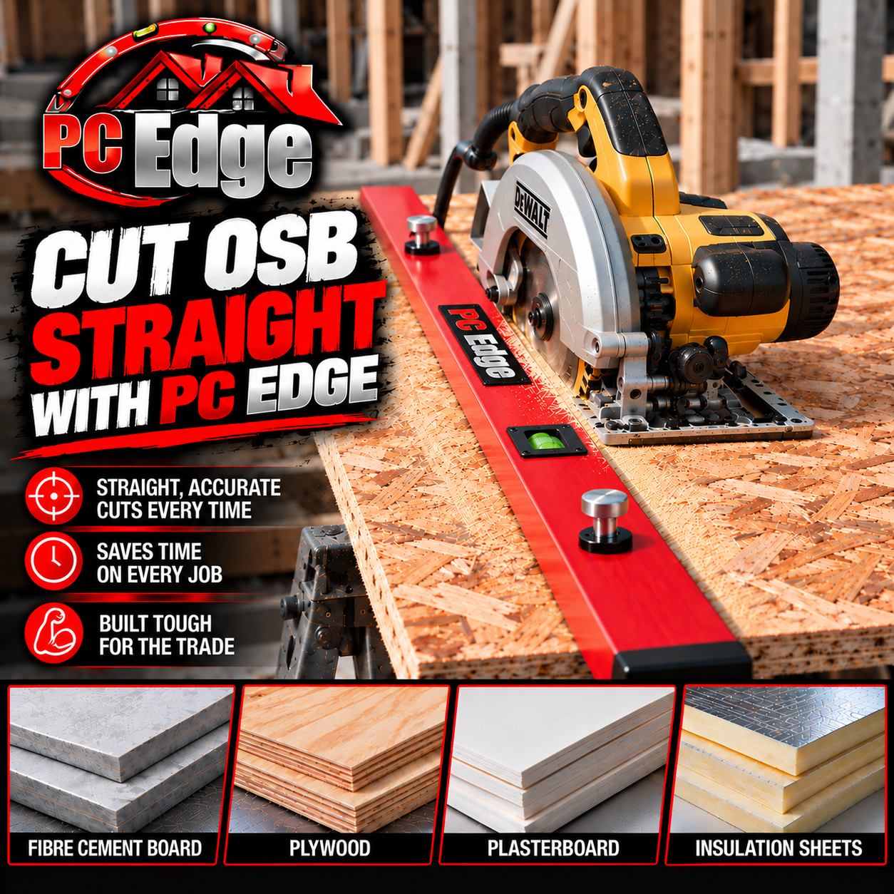 PC Edge 5 Foot cutting guide alongside a circular saw on an OSB sheet